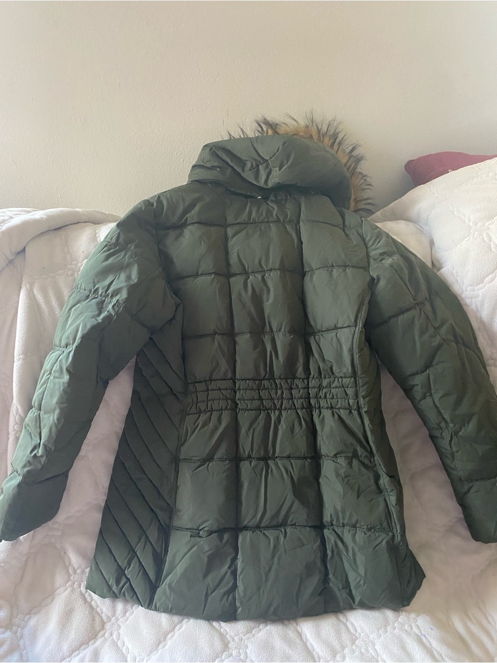 Tommy Hilfiger Olive Green Quilted Hooded Puffer Coat with Faux Fur Trim